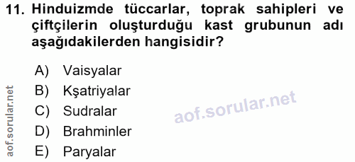11. soru: Hinduizmde tüccarlar, toprak sahipleri ve çiftçilerin oluşturduğu kast grubunun adı aşağıdakilerden hangisidir? A) Va…