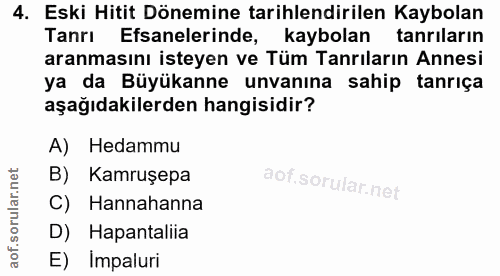 4. soru: Eski Hitit Dönemine tarihlendirilen Kaybolan Tanri Efsanelerinde, kaybolan tanriların aranmasını isteyen ve Tüm Tanrı…