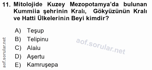 11. soru: Mitolojide Kuzey Mezopotamya'da bulunan Kummiia şehrinin Kralı, Gökyüzünün Kralı ve Hatti Ülkelerinin Beyi kimdir? A)…
