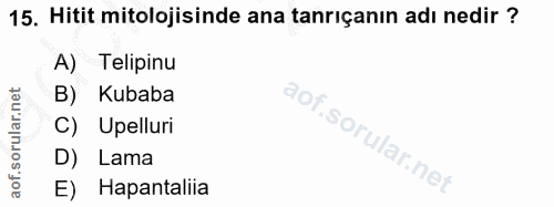 15. soru: Hitit mitolojisinde ana tanrıçanın adı nedir ? A) Telipinu B) Kubaba C) Upelluri D) Lama E) Hapantaliia