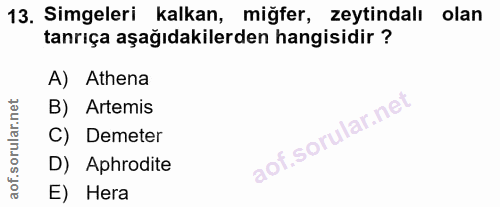 13. soru: Simgeleri kalkan, miğfer, zeytindalı olan tanrıça aşağıdakilerden hangisidir ? A) Athena B) Artemis C) Demeter D) Aph…