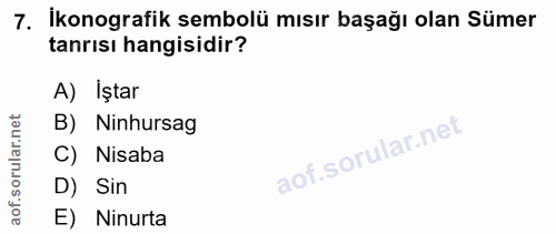 7. soru: İkonografik sembolü mısır başağı olan Sümer tanrısı hangisidir? A) İştar B) Ninhursag C) Nisaba D) Sin E) Ninurta