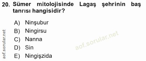 20. soru: Sümer mitolojisinde Lagaş şehrinin baş tanrısı hangisidir? A) Ninşubur B) Ningirsu C) Nanna D) Sin E) Ningişzida