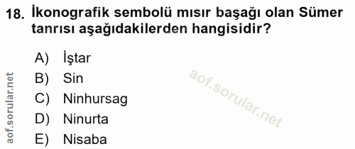 18. soru: İkonografik sembolü mısır başağı olan Sümer tanrısı aşağıdakilerden hangisidir? A) İştar orular.net B) Sin C) Ninhurs…