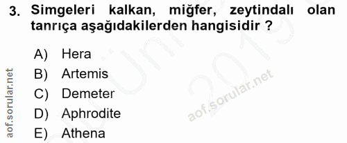 3. soru: Simgeleri kalkan, miğfer, zeytindalı olan tanrıça aşağıdakilerden hangisidir ? A) Hera B) Artemis C) Demeter D) Aphro…