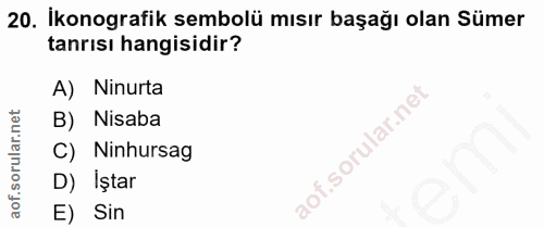 20. soru: İkonografik sembolü mısır başağı olan Sümer tanrısı hangisidir? A) Ninurta B) Nisaba C) Ninhursag D) İştar E) Sin