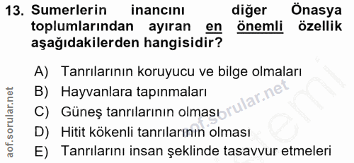 13. soru: Sumerlerin inancinı diğer Onasya toplumlarından ayıran en önemli özellik aşağıdakilerden hangisidir? A) Tanrılarının…