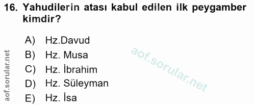 16. soru: Yahudilerin atası kabul edilen ilk peygamber kimdir? A) Hz.Davud B) Hz. Musa C) Hz. Ibrahim D) Hz. Süleyman E) Hz. Isa