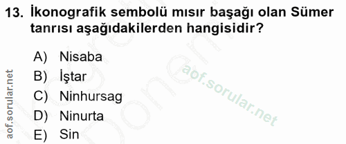 13. soru: İkonografik sembolü mısır başağı olan Sümer tanrısı aşağıdakilerden hangisidir? A) Nisaba B) Iştar C) Ninhursag D) Ni…