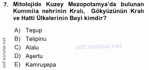 7. soru: Mitolojide Kuzey Mezopotamya'da bulunan Kummiia nehrinin Kralı, Gökyüzünün Kralı ve Hatti Ülkelerinin Beyi kimdir? A)…