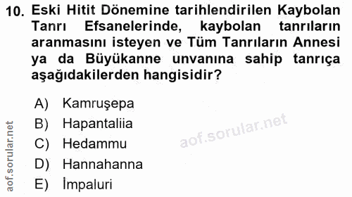 10. soru: Eski Hitit Dönemine tarihlendirilen Kaybolan Tanrı Efsanelerinde, kaybolan tanrıların aranmasını isteyen ve Tüm Tanrı…