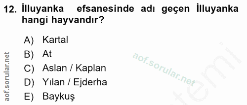 12. soru: İlluyanka efsanesinde adı geçen illuyanka hangi hayvandır? A) Kartal B) At C) Aslan / Kaplan D) Yılan / Ejderha E) Ba…