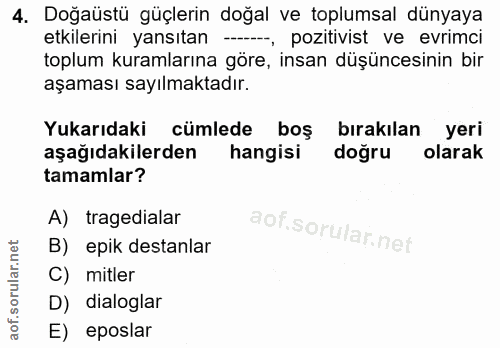 4. soru: Doğaüstü güçlerin doğal ve toplumsal dünyaya etkilerini yansıtan -, pozitivist ve evrimci toplum kuramlarına göre, in…
