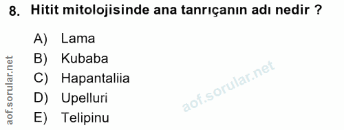 8. soru: Hitit mitolojisinde ana tanrıçanın adı nedir ? A) Lama B) Kubaba C) Hapantaliia D) Upelluri E) Telipinu