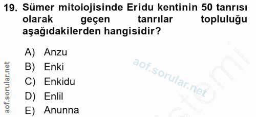 19. soru: Sümer mitolojisinde Eridu kentinin 50 tanrısı olarak geçen tanrılar topluluğu aşağıdakilerden hangisidir? A) Anzu B)…