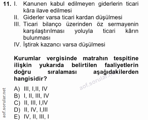 11. soru: I. Kanunen kabul edilmeyen giderlerin ticari kâra ilave edilmesi II. Giderler varsa ticari kardan düşülmesi III. Tica…