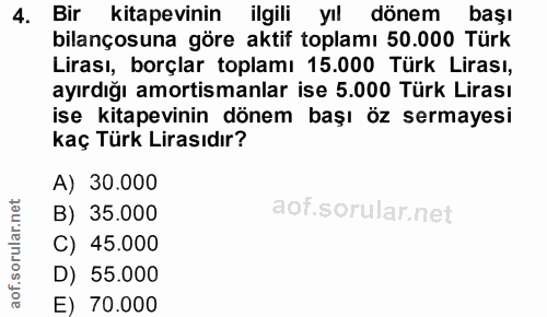 4. soru: Bir kitapeininili yıl dönem başı bilançosuna göre aktif toplamı 50.000 Türk Lirası, borçlar toplamı 15.000 Türk Liras…