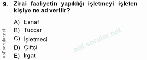 9. soru: Zirai faaliyetin yapıldığı işletmeyi işleten kişiye ne ad verilir? A) Esnaf B) Tüccar C) İşletmeci D) Çiftçi E) Irgat