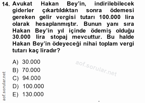 14. soru: Avukat Hakan Bey'in, indirilebilecek giderler çıkartıldıktan sonra ödemesi gereken gelir vergisi tutarı 100.000 lira…