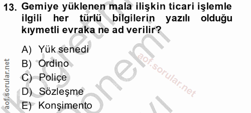 13. soru: Gemiye yüklenen mala ilişkin ticari işlemle ilgili her türlü bilgilerin yazılı olduğu kıymetli evraka ne ad verilir?…