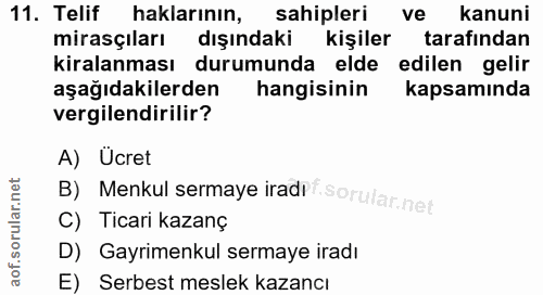 11. soru: Telif haklarının, sahipleri ve kanuni mirasçıları dışındaki kişiler tarafindan kiralanması durumunda elde edilen geli…