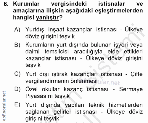 6. soru: Kurumlar vergisindeki istisnalar ve amaçlarına ilişkin aşağıdaki eşleştirmelerden hangisi yanlıştır? A) Yurtdışı inşa…