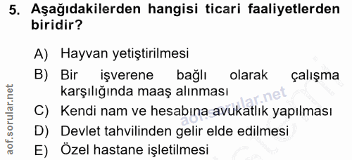 5. soru: Aşağıdakilerden hangisi ticari faaliyetlerden biridir? A) Hayvan yetiştirilmesi B) Bir işverene bağlı olarak çalışma…