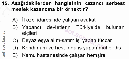 15. soru: Aşağıdakilerden hangisinin kazancı serbest meslek kazancına bir örnektir? A) II özel idaresinde çalışan avukat B) Yab…