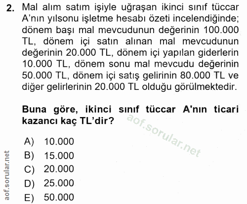 2. soru: Mal alım satım işiyle uğraşan ikinci sınıf tüccar A'nın yılsonu işletme hesabı özeti incelendiğinde; dönem başı mal m…