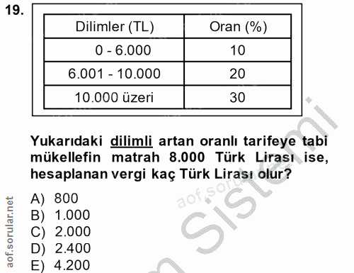 19. soru: Dilimler (TL) Oran (%) 0 - 6.000 10 6.001 - 10.000 20 10.000 üzeri 30 Yukarıdaki dilimli artan oranlı tarifeye tabi m…