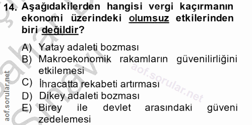 14. soru: Aşağıdakilerden hangisi vergi kaçırmanın ekonomi üzerindeki olumsuz etkilerinden biri değildir? A) Yatay adaleti bozm…