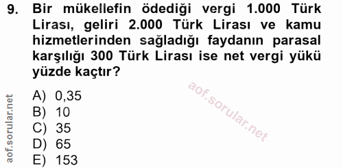 9. soru: Bir mükellefin ödediği vergi 1.000 Türk Lirası, geliri 2.000 Türk Lirası ve kamu hizmetlerinden sağladığı faydanın pa…