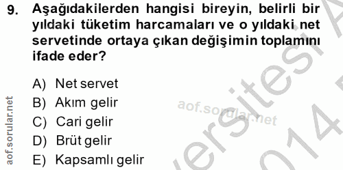 9. soru: Aşağıdakilerden hangisi bireyin, belirli bir yıldaki tüketim harcamaları ve o yıldaki net servetinde ortaya çıkan değ…