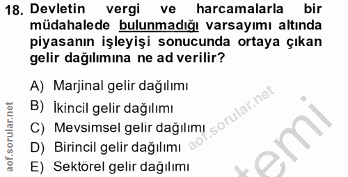 18. soru: Devletin vergi ve harcamalarla bir müdahalede bulunmadığı varsayımı altında piyasanın işleyişi sonucunda ortaya çıkan…