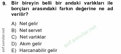 9. soru: Bir bireyin belli bir andaki varlıkları ile borçları arasındaki farkın değerine ne ad verilir? A) Net gelir B) Net se…