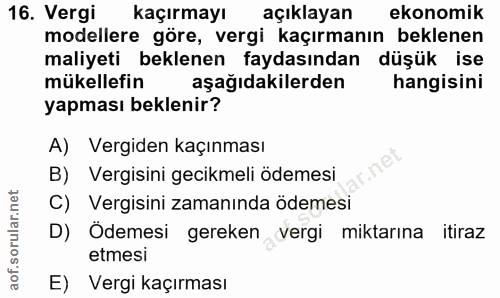 16. soru: Vergi kaçırmayı açıklayan ekonomik modellere göre, vergi kaçırmanın beklenen maliyeti beklenen faydasından düşük ise…
