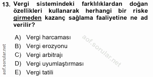 13. soru: Vergi sistemindeki farklılıklardan doğan özellikleri kullanarak herhangi bir riske girmeden kazanç sağlama faaliyetin…