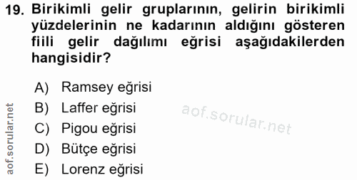 19. soru: Birikimli gelir gruplarının, gelirin birikimli yüzdelerinin ne kadarının aldığını gösteren fiili gelir dağılımı eğris…