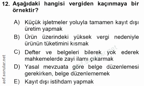 12. soru: Aşağıdaki hangisi vergiden kaçınmaya bir örnektir? A) Küçük işletmeler yoluyla tamamen kayıt dışı üretim yapmak B) Ür…
