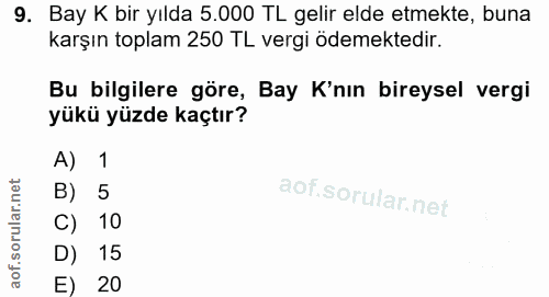 9. soru: Bay K bir yılda 5.000 TL gelir elde etmekte, buna karşın toplam 250 TL vergi ödemektedir. Bu bilgilere göre, Bay K'nı…