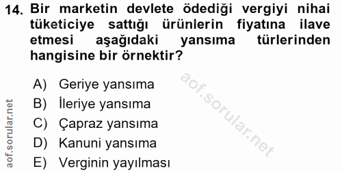 14. soru: Bir marketin devlete ödediği vergiyi nihai tüketiciye sattığı ürünlerin fiyatına ilave etmesi aşağıdaki yansıma türle…