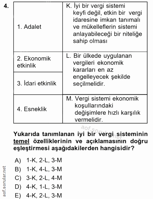 4. soru: K. İyi bir vergi sistemi keyfi değil, etkin bir vergi idaresine imkan tanımalı 1. Adalet ve mükelleflerin sistemi anl…