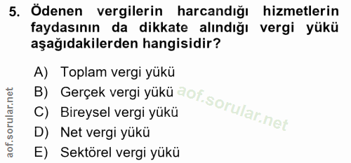 5. soru: Ödenen vergilerin harcandığı hizmetlerin faydasının da dikkate alındığı vergi yükü aşağıdakilerden hangisidir? A) Top…