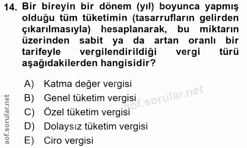 14. soru: Bir bireyin bir dönem (yıl) boyunca yapmış olduğu tüm tüketimin (tasarrufların gelirden çıkarılmasıyla) hesaplanarak,…