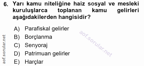 6. soru: Yarı kamu niteliğine haiz sosyal ve mesleki kuruluşlarca toplanan kamu gelirleri aşağıdakilerden hangisidir? A) Paraf…