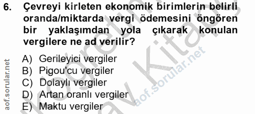 6. soru: Çevreyi kirleten ekonomik birimlerin belirli oranda/miktarda vergi ödemesini öngören bir yaklaşımdan yola çıkarak kon…
