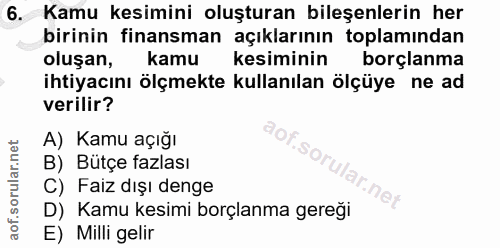 6. soru: Kamu kesimini oluşturan bileşenlerin her birinin finansman açıklarının toplamından oluşan, kamu kesiminin borçlanma i…