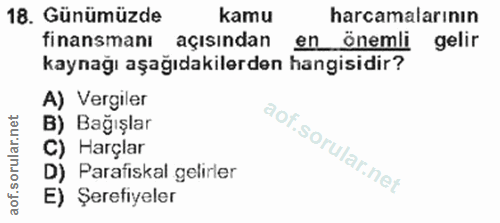 18. soru: Günümüzde kamu harcamalarının finansmanı açısından en önemli gelir kaynağı aşağıdakilerden hangisidir? A) Vergiler B)…