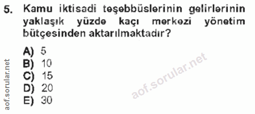 5. soru: Kamu iktisadi teşebbüslerinin gelirlerinin yaklaşık yüzde kaçı merkezi yönetim bütçesinden aktarılmaktadır? A) 5 10 1…