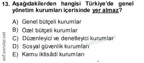 13. soru: Aşağıdakilerden hangisi Türkiye'de genel yönetim kurumları içerisinde yer almaz? A) Genel bütçeli kurumlar B) Özel bü…